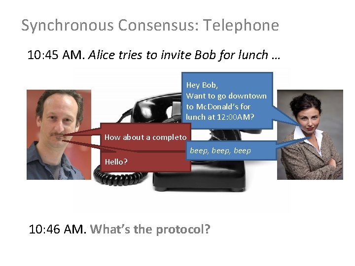 Synchronous Consensus: Telephone 10: 45 AM. Alice tries to invite Bob for lunch …