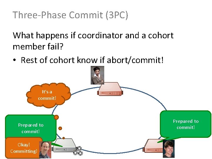 Three-Phase Commit (3 PC) What happens if coordinator and a cohort member fail? •