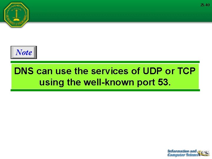 25. 40 Note DNS can use the services of UDP or TCP using the