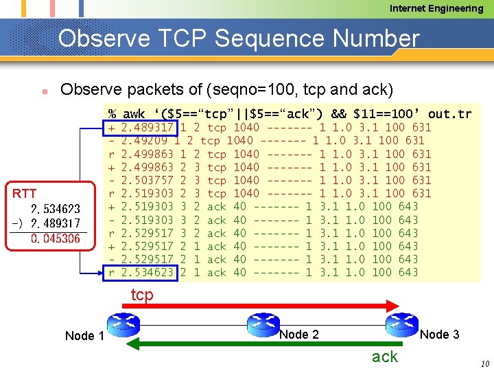 Internet Engineering Observe TCP Sequence Number n Observe packets of (seqno=100, tcp and ack)