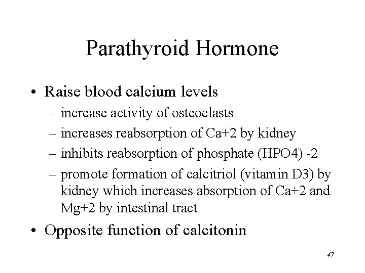 Parathyroid Hormone • Raise blood calcium levels – increase activity of osteoclasts – increases