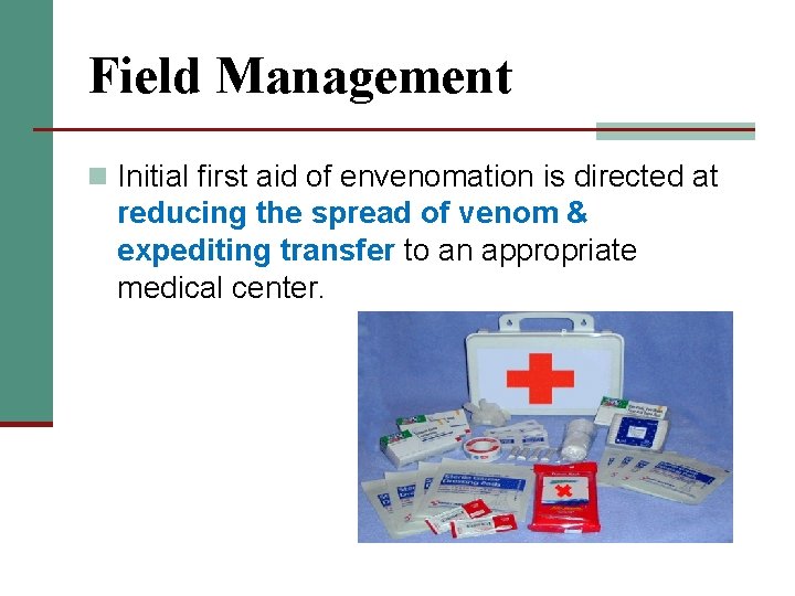 Field Management n Initial first aid of envenomation is directed at reducing the spread