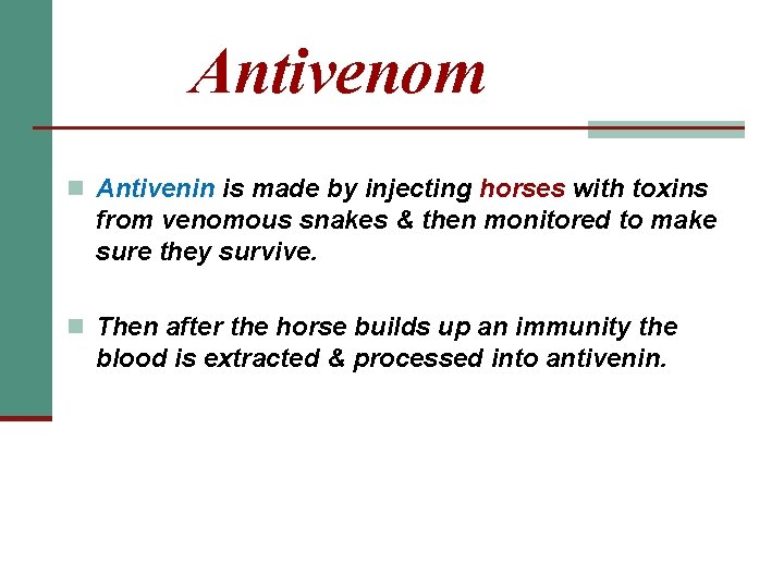 Antivenom n Antivenin is made by injecting horses with toxins from venomous snakes &