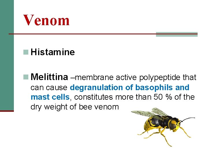Venom n Histamine n Melittina –membrane active polypeptide that can cause degranulation of basophils