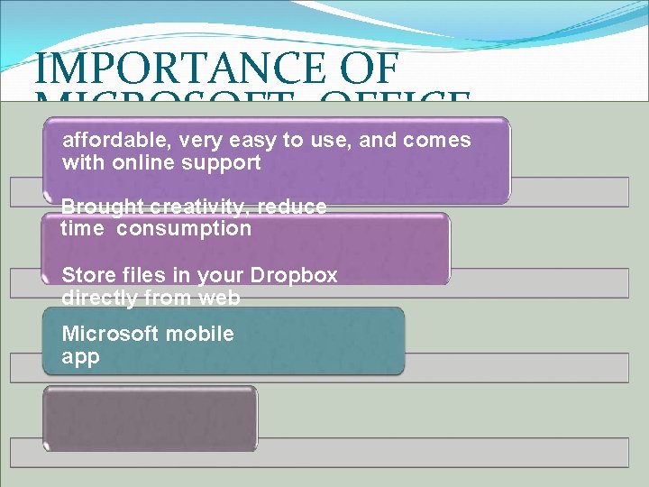 IMPORTANCE OF MICROSOFT OFFICE affordable, very easy to use, and comes with online support