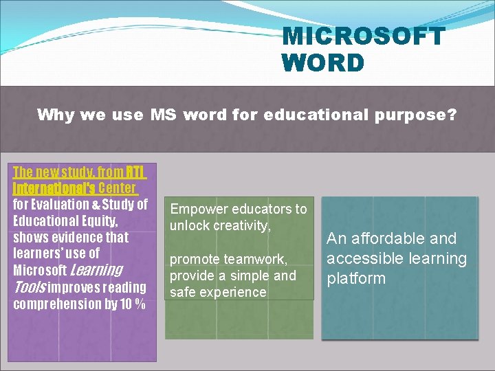 MICROSOFT WORD Why we use MS word for educational purpose? The new study, from