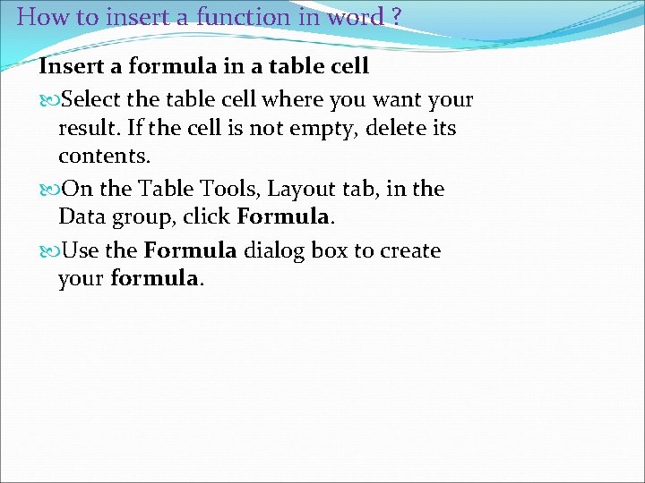 How to insert a function in word ? Insert a formula in a table