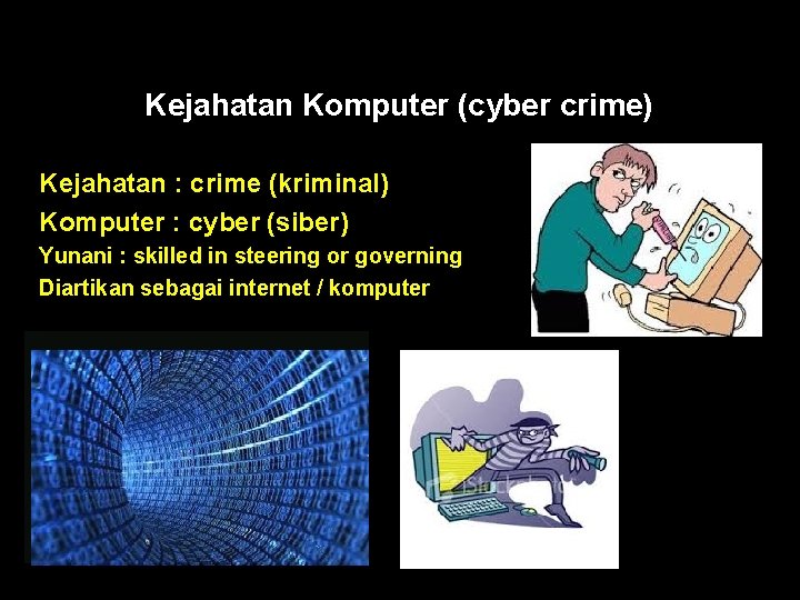 Kejahatan Komputer (cyber crime) Kejahatan : crime (kriminal) Komputer : cyber (siber) Yunani :