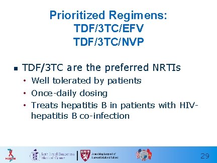 Prioritized Regimens: TDF/3 TC/EFV TDF/3 TC/NVP n TDF/3 TC are the preferred NRTIs •