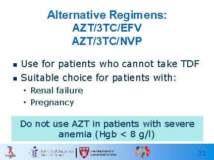 Alternative Regimens: AZT/3 TC/EFV AZT/3 TC/NVP n n Use for patients who cannot take