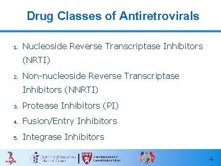 Drug Classes of Antiretrovirals 1. Nucleoside Reverse Transcriptase Inhibitors (NRTI) 2. Non-nucleoside Reverse Transcriptase