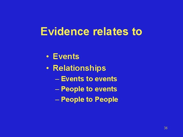 Evidence relates to • Events • Relationships – Events to events – People to