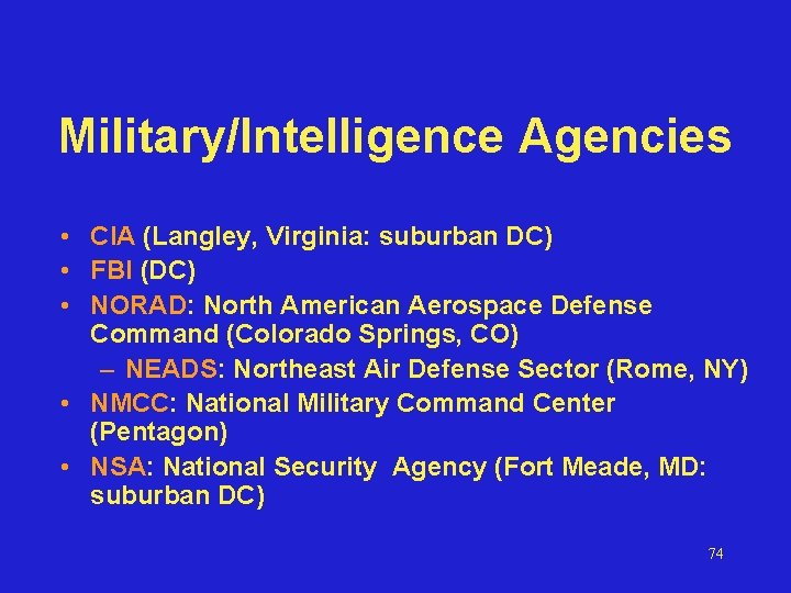 Military/Intelligence Agencies • CIA (Langley, Virginia: suburban DC) • FBI (DC) • NORAD: North