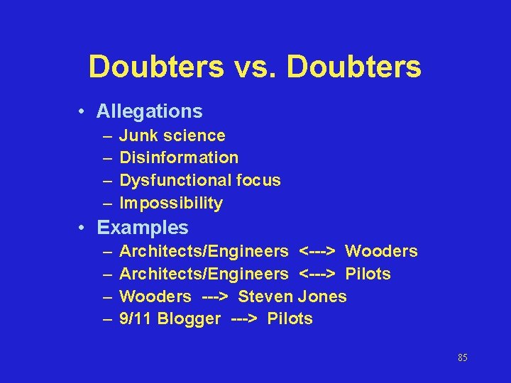 Doubters vs. Doubters • Allegations – – Junk science Disinformation Dysfunctional focus Impossibility •