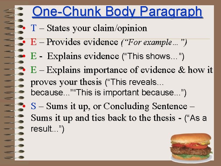 One-Chunk Body Paragraph • • T – States your claim/opinion E – Provides evidence