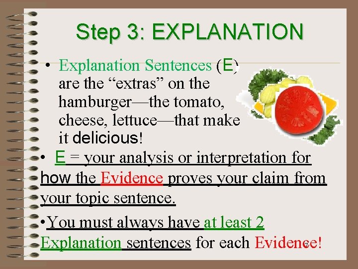 Step 3: EXPLANATION • Explanation Sentences (E) are the “extras” on the hamburger—the tomato,