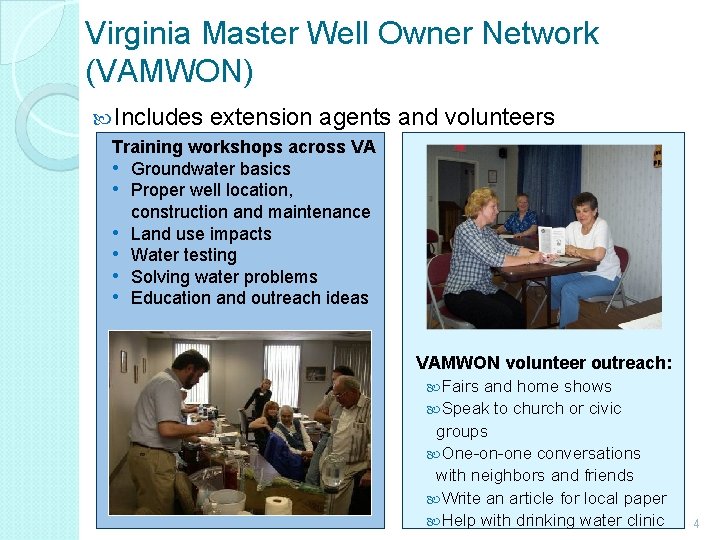 Virginia Master Well Owner Network (VAMWON) Includes extension agents and volunteers Training workshops across