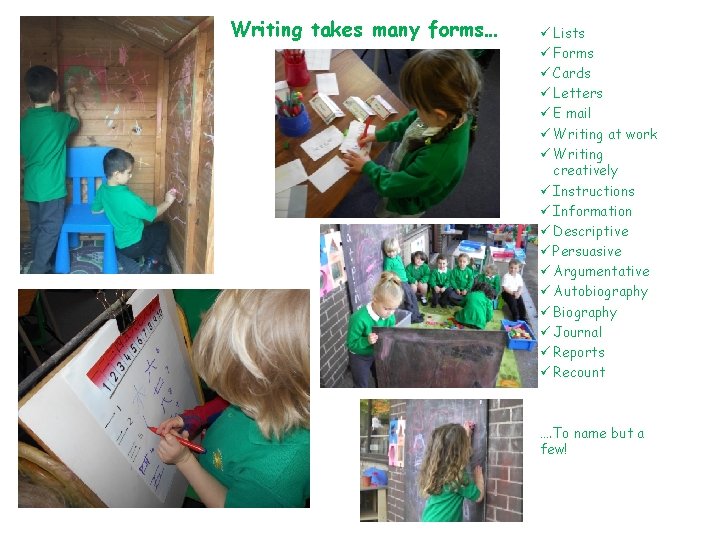 Writing takes many forms… ü Lists ü Forms ü Cards ü Letters ü E