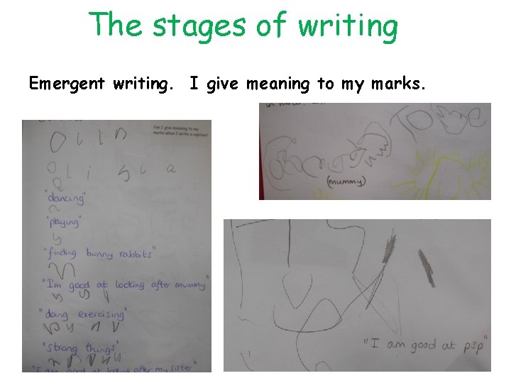 The stages of writing Emergent writing. I give meaning to my marks. 