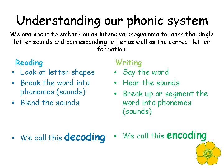 Understanding our phonic system We are about to embark on an intensive programme to