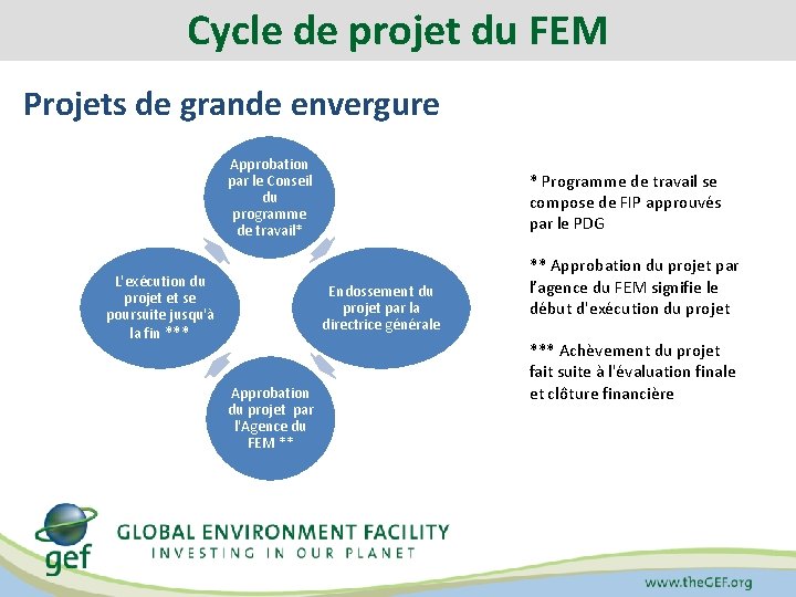 Cycle de projet du FEM Projets de grande envergure Approbation par le Conseil du