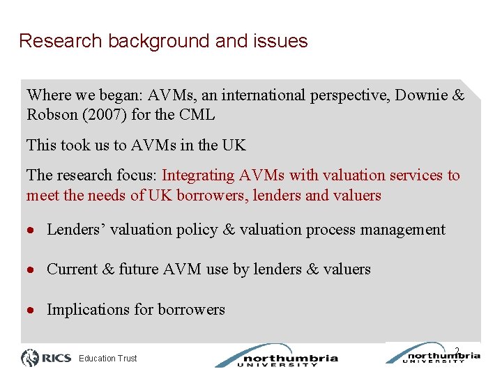 Research background and issues Where we began: AVMs, an international perspective, Downie & Robson