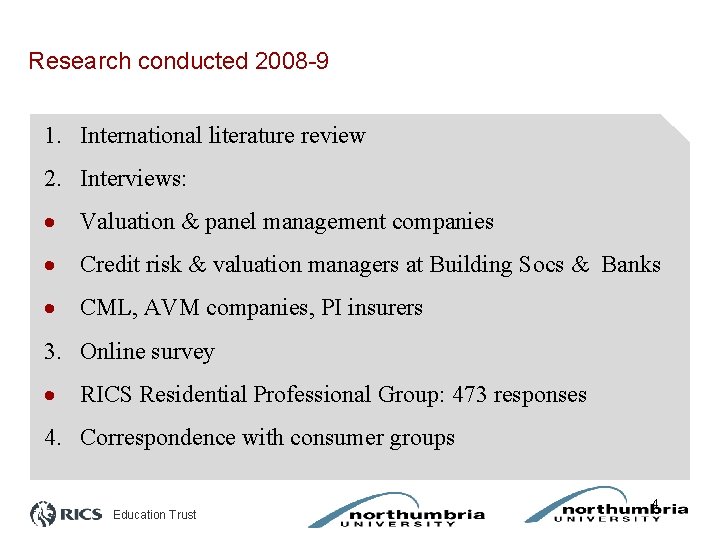 Research conducted 2008 -9 1. International literature review 2. Interviews: · Valuation & panel