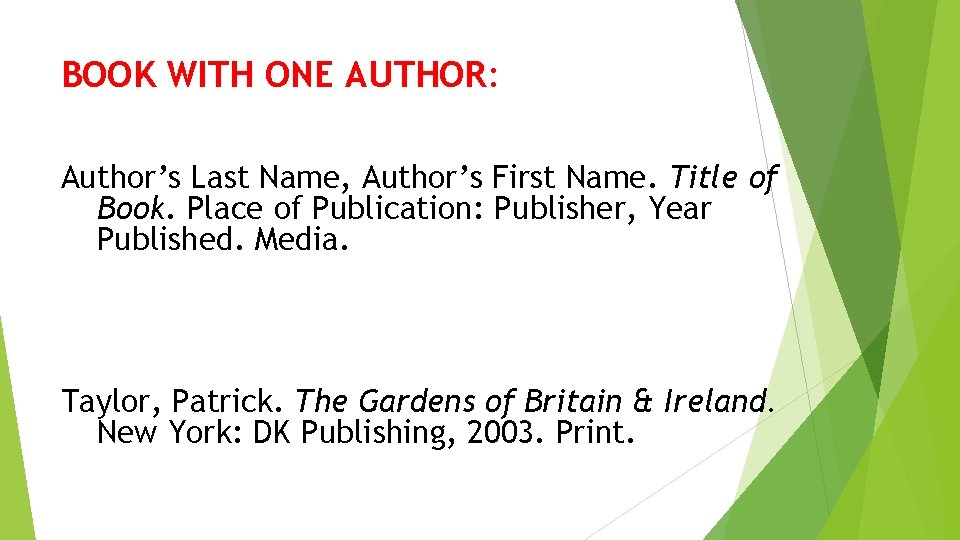 BOOK WITH ONE AUTHOR: Author’s Last Name, Author’s First Name. Title of Book. Place