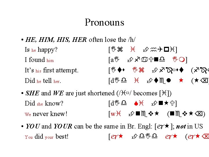 Pronouns • HE, HIM, HIS, HER often lose the /h/ Is he happy? [