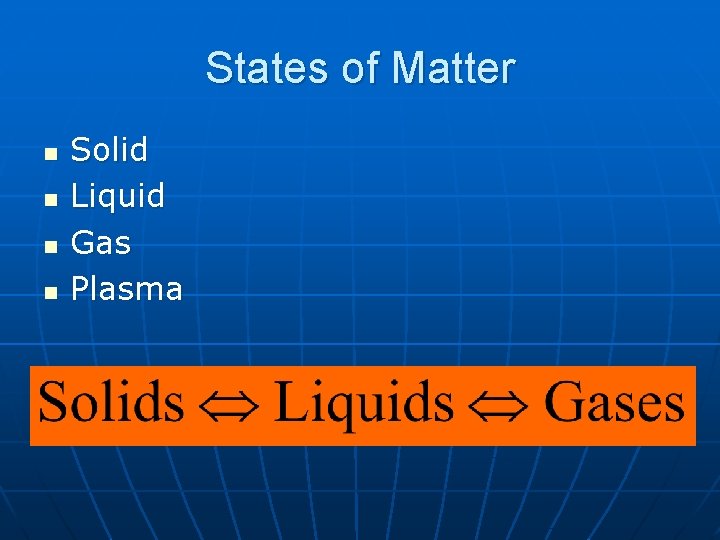 States of Matter n n Solid Liquid Gas Plasma 