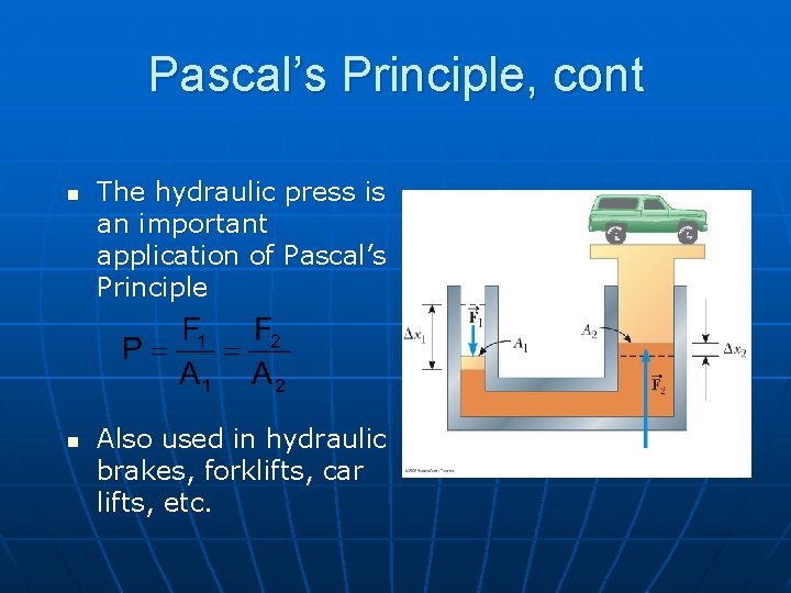 Pascal’s Principle, cont n n The hydraulic press is an important application of Pascal’s