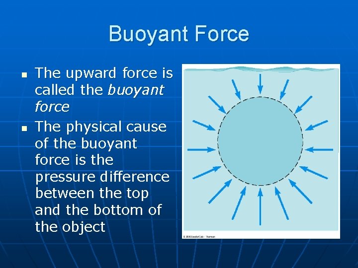 Buoyant Force n n The upward force is called the buoyant force The physical