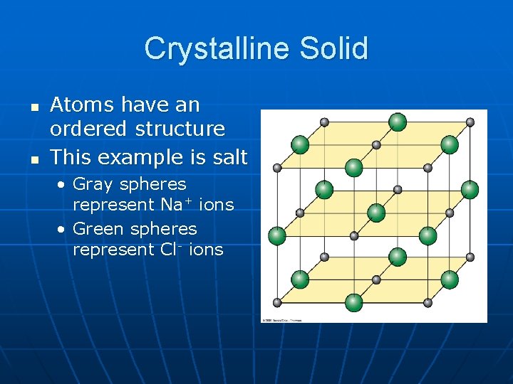 Crystalline Solid n n Atoms have an ordered structure This example is salt •