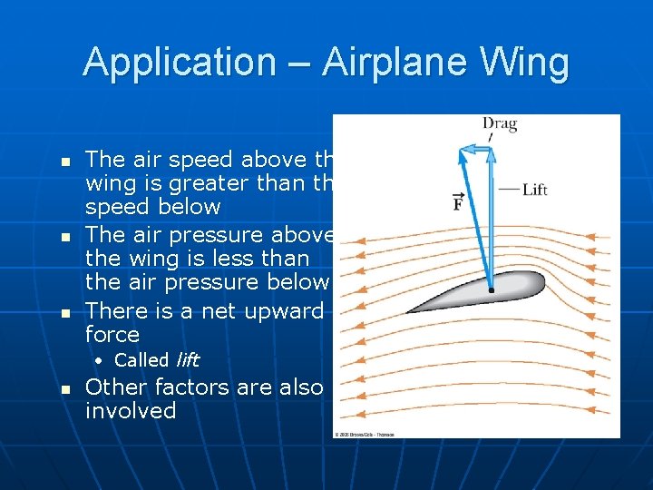 Application – Airplane Wing n n n The air speed above the wing is