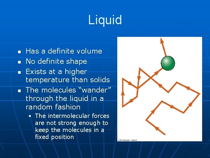Liquid n n Has a definite volume No definite shape Exists at a higher