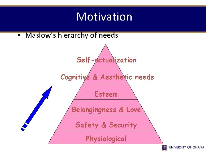  Motivation • Maslow’s hierarchy of needs Self-actualization Cognitive & Aesthetic needs Esteem Belongingness