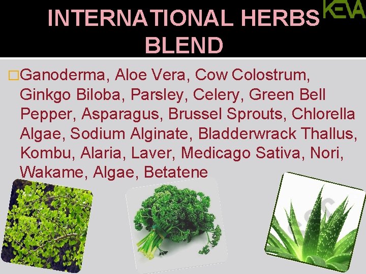 INTERNATIONAL HERBS BLEND �Ganoderma, Aloe Vera, Cow Colostrum, Ginkgo Biloba, Parsley, Celery, Green Bell