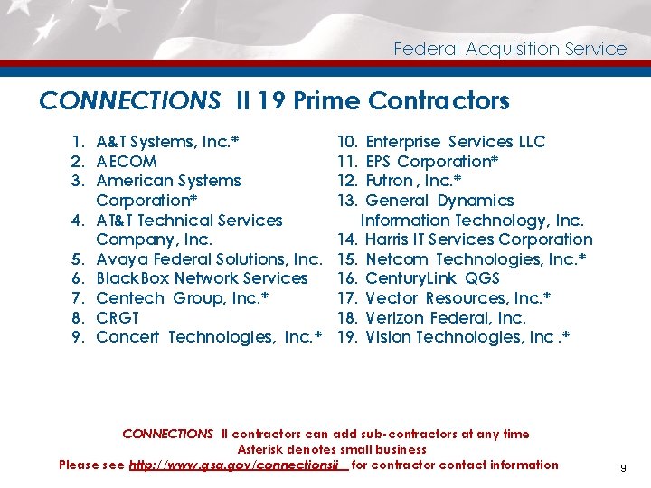 Federal Acquisition Service CONNECTIONS II 19 Prime Contractors 1. A&T Systems, Inc. * 2.