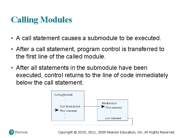 Calling Modules • A call statement causes a submodule to be executed. • After