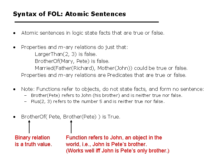 Syntax of FOL: Atomic Sentences • Atomic sentences in logic state facts that are