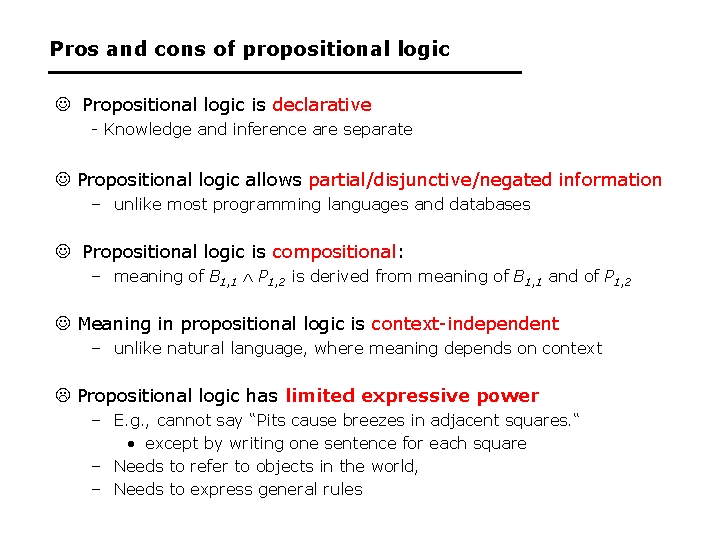 Pros and cons of propositional logic Propositional logic is declarative - Knowledge and inference