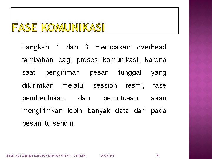 FASE KOMUNIKASI Langkah 1 dan 3 merupakan overhead tambahan bagi proses komunikasi, karena saat