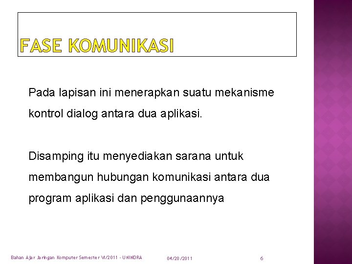 FASE KOMUNIKASI Pada lapisan ini menerapkan suatu mekanisme kontrol dialog antara dua aplikasi. Disamping
