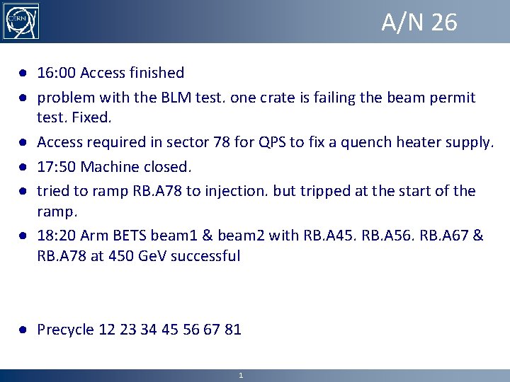 A/N 26 ● 16: 00 Access finished ● problem with the BLM test. one