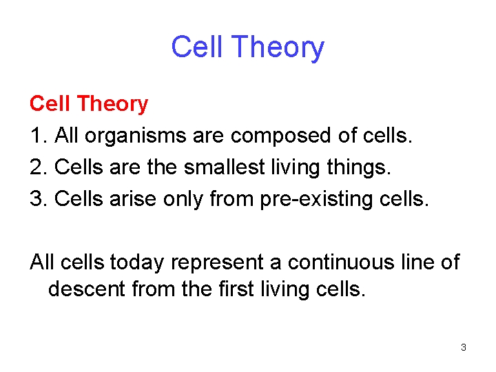 Cell Theory 1. All organisms are composed of cells. 2. Cells are the smallest