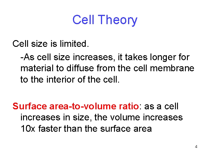 Cell Theory Cell size is limited. -As cell size increases, it takes longer for