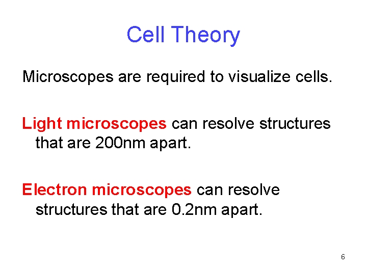 Cell Theory Microscopes are required to visualize cells. Light microscopes can resolve structures that