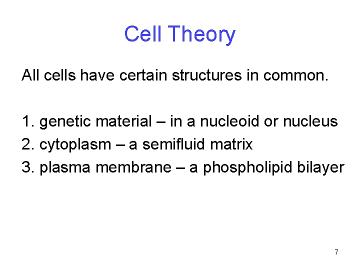 Cell Theory All cells have certain structures in common. 1. genetic material – in