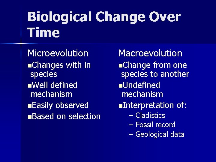 Biological Change Over Time Microevolution Macroevolution n. Changes n. Change with in species n.