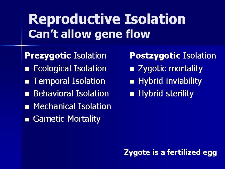 Reproductive Isolation Can’t allow gene flow Prezygotic Isolation n Ecological Isolation n Temporal Isolation